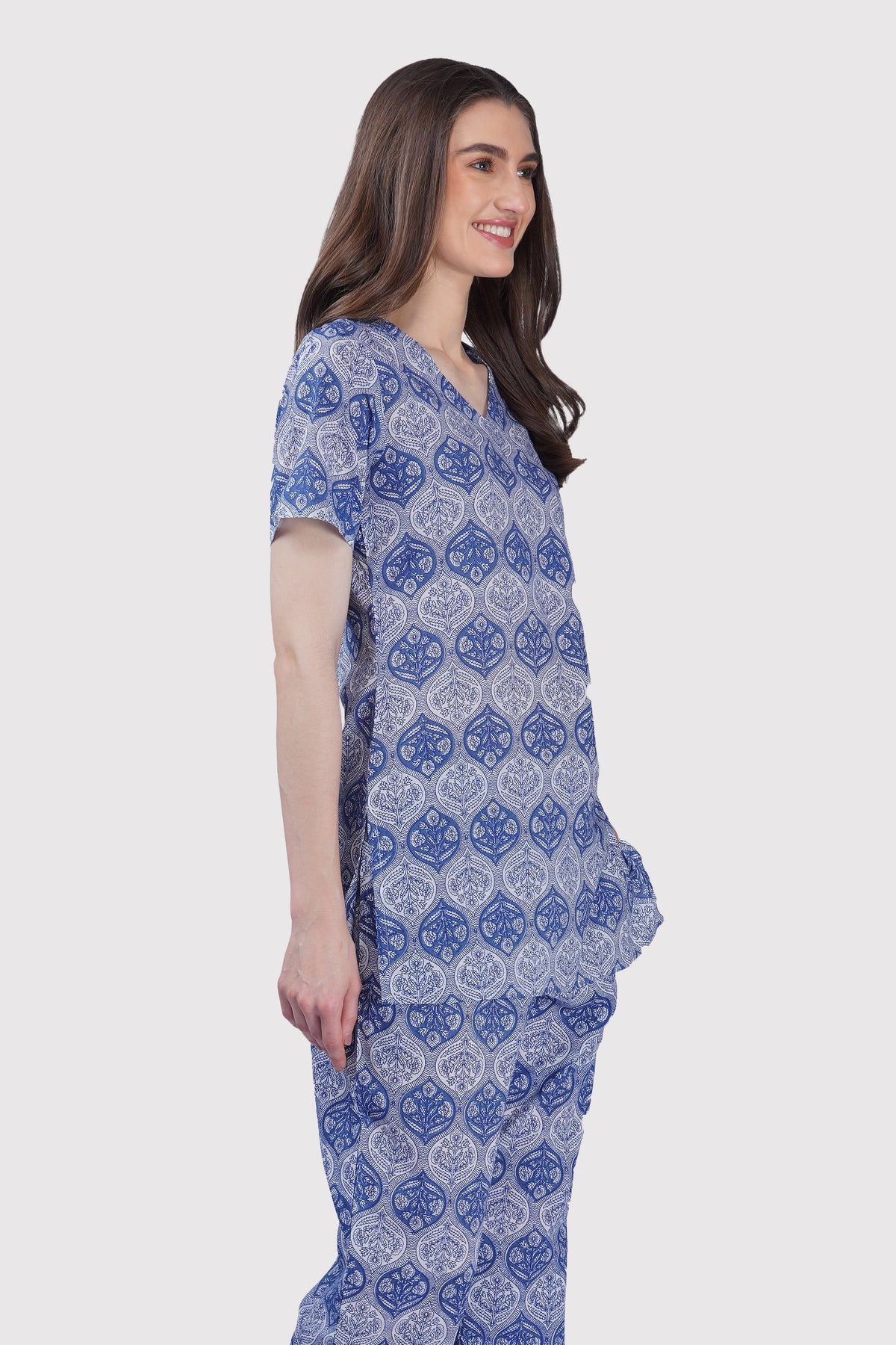 Dusty Blue V Neck Cotton Printed Pyjama Set