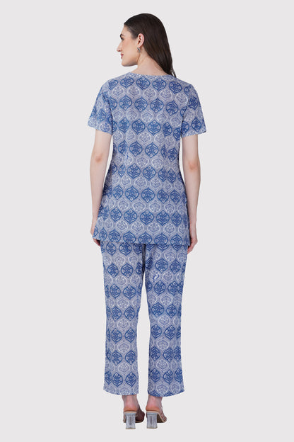 Dusty Blue V Neck Cotton Printed Pyjama Set