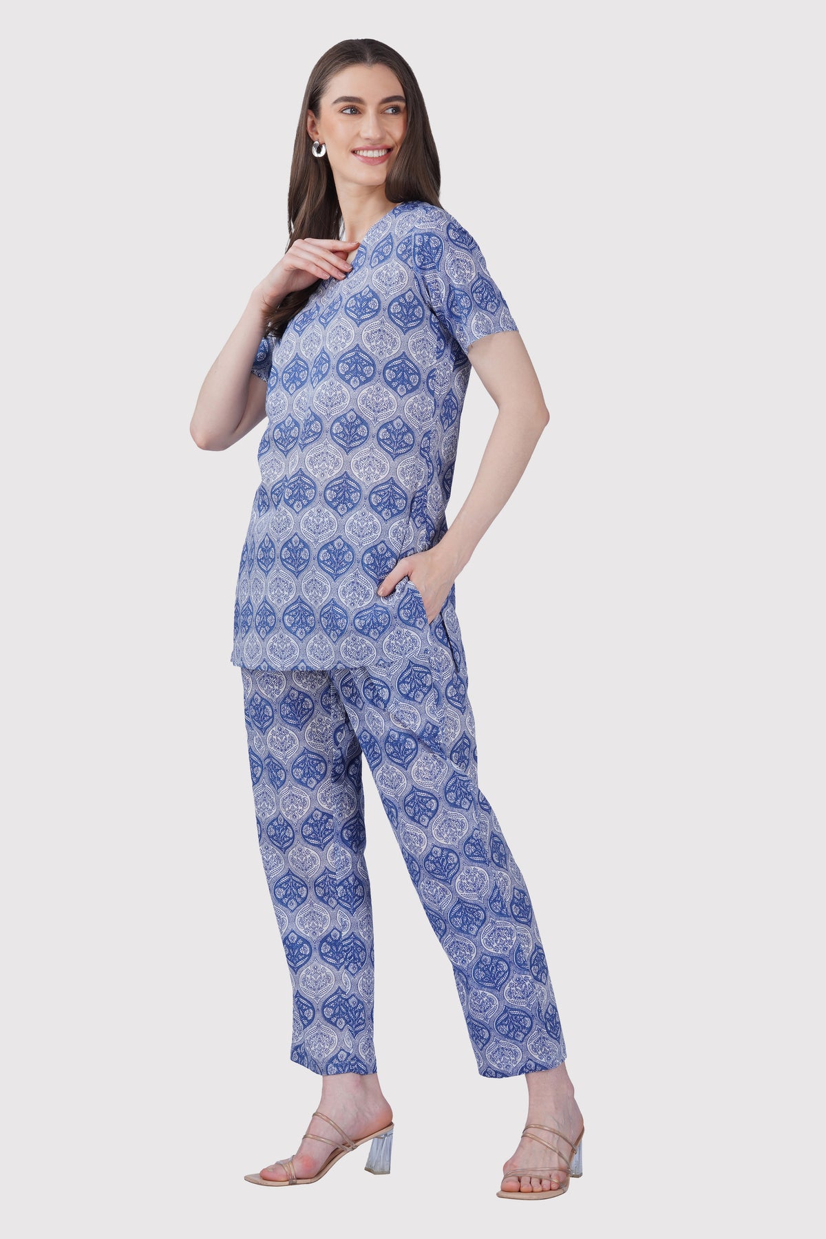 Dusty Blue V Neck Cotton Printed Pyjama Set