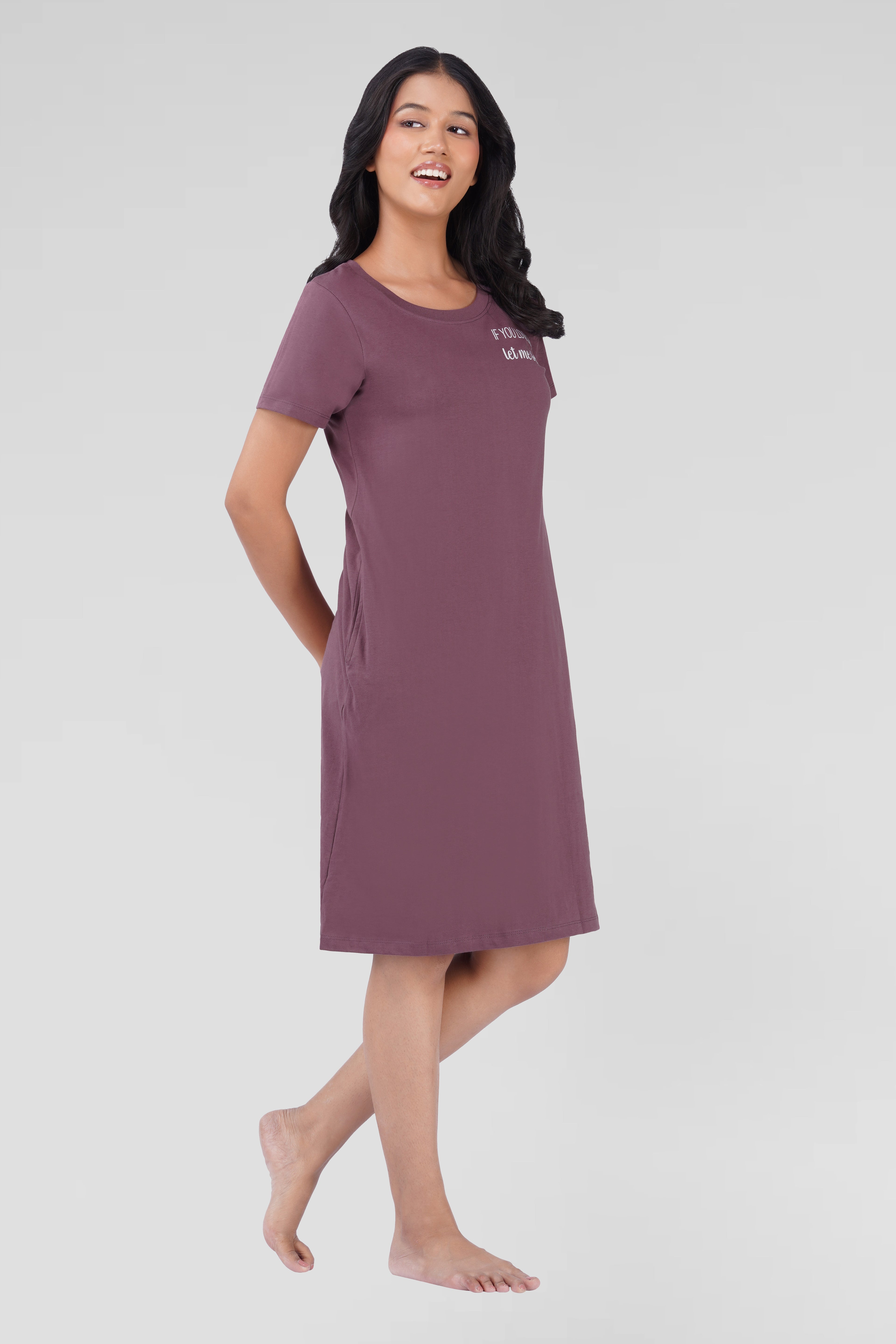 Dusty Grape Cotton Printed T-Shirt Nightdress
