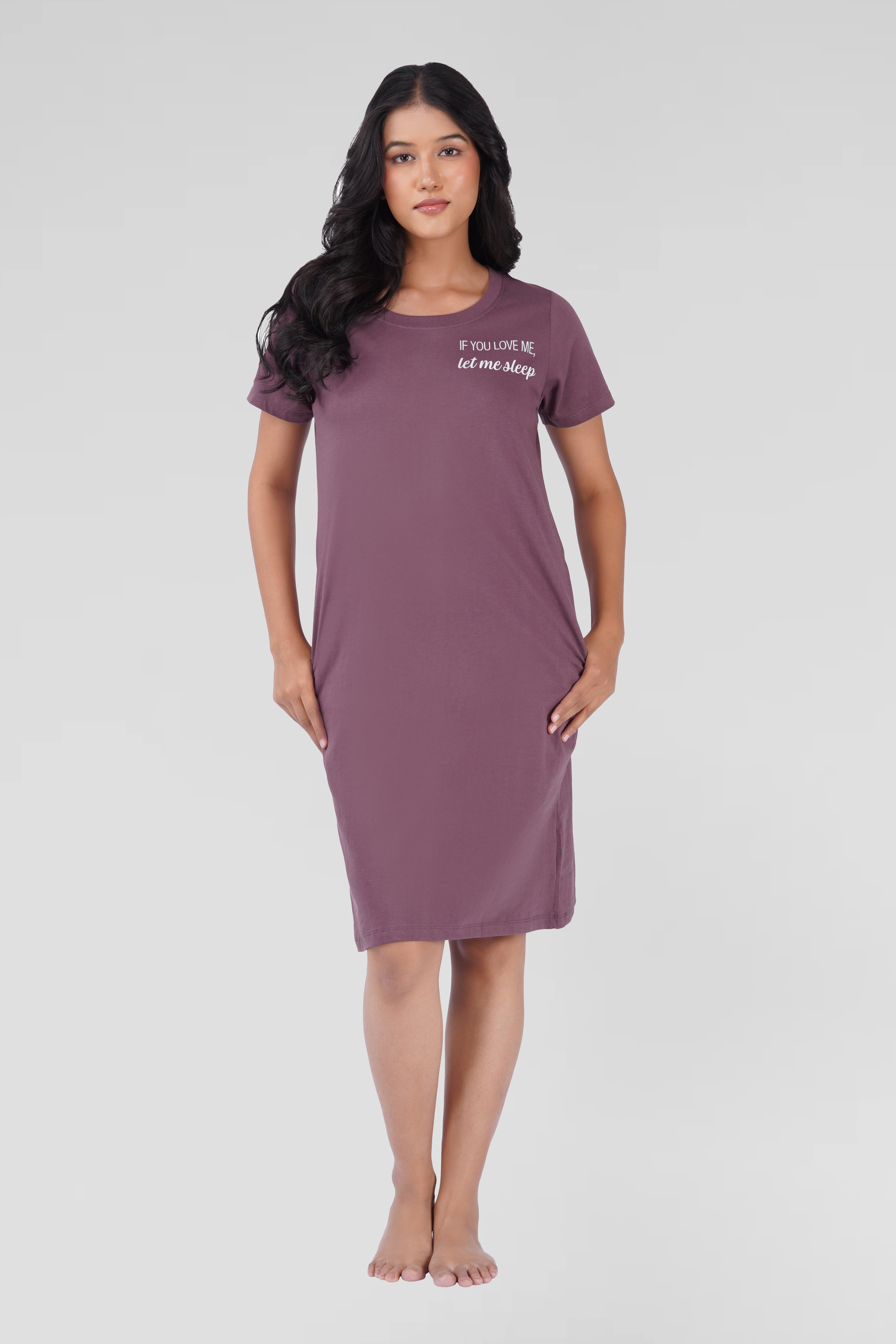 Dusty Grape Cotton Printed T-Shirt Nightdress
