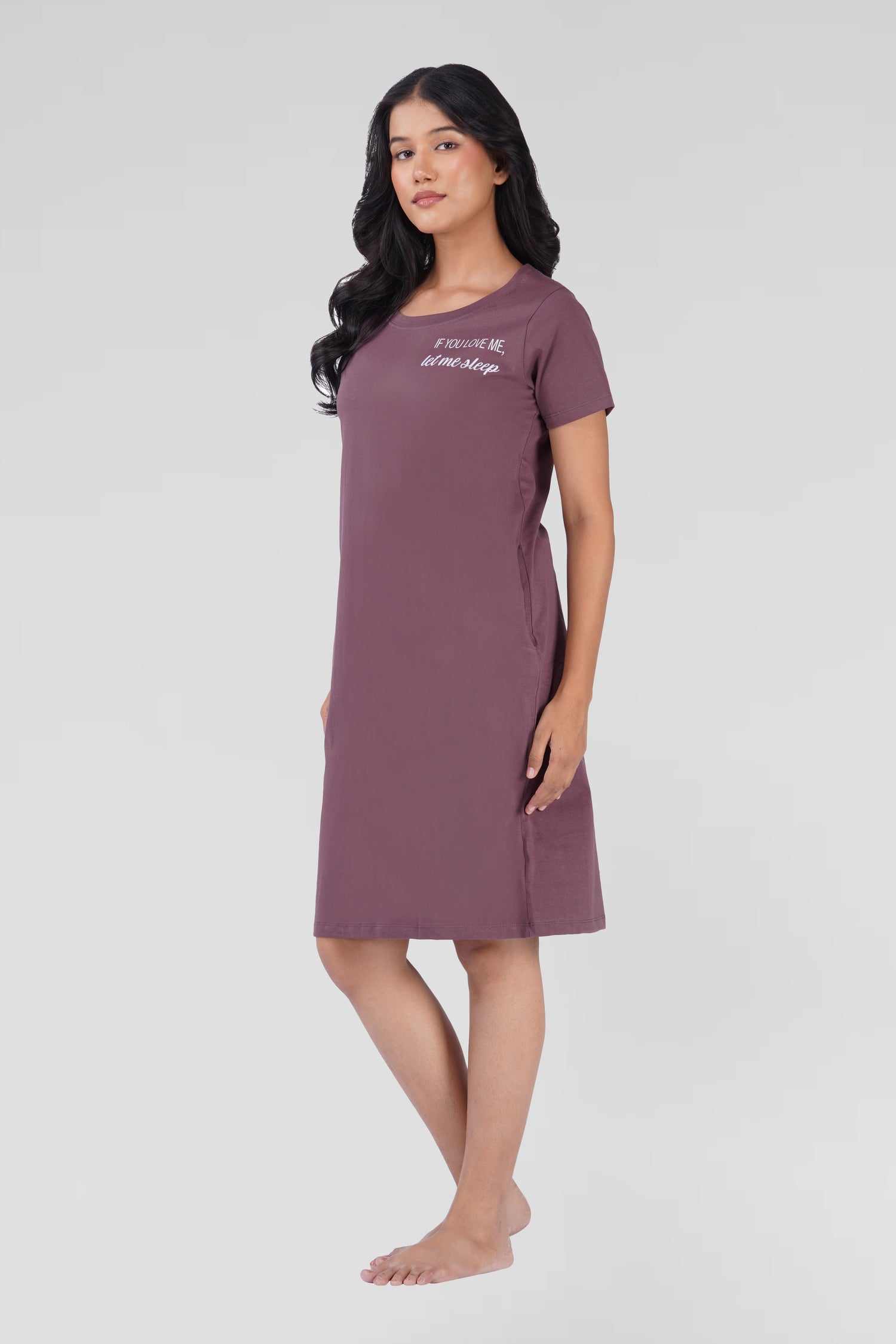 Dusty Grape Cotton Printed T-Shirt Nightdress