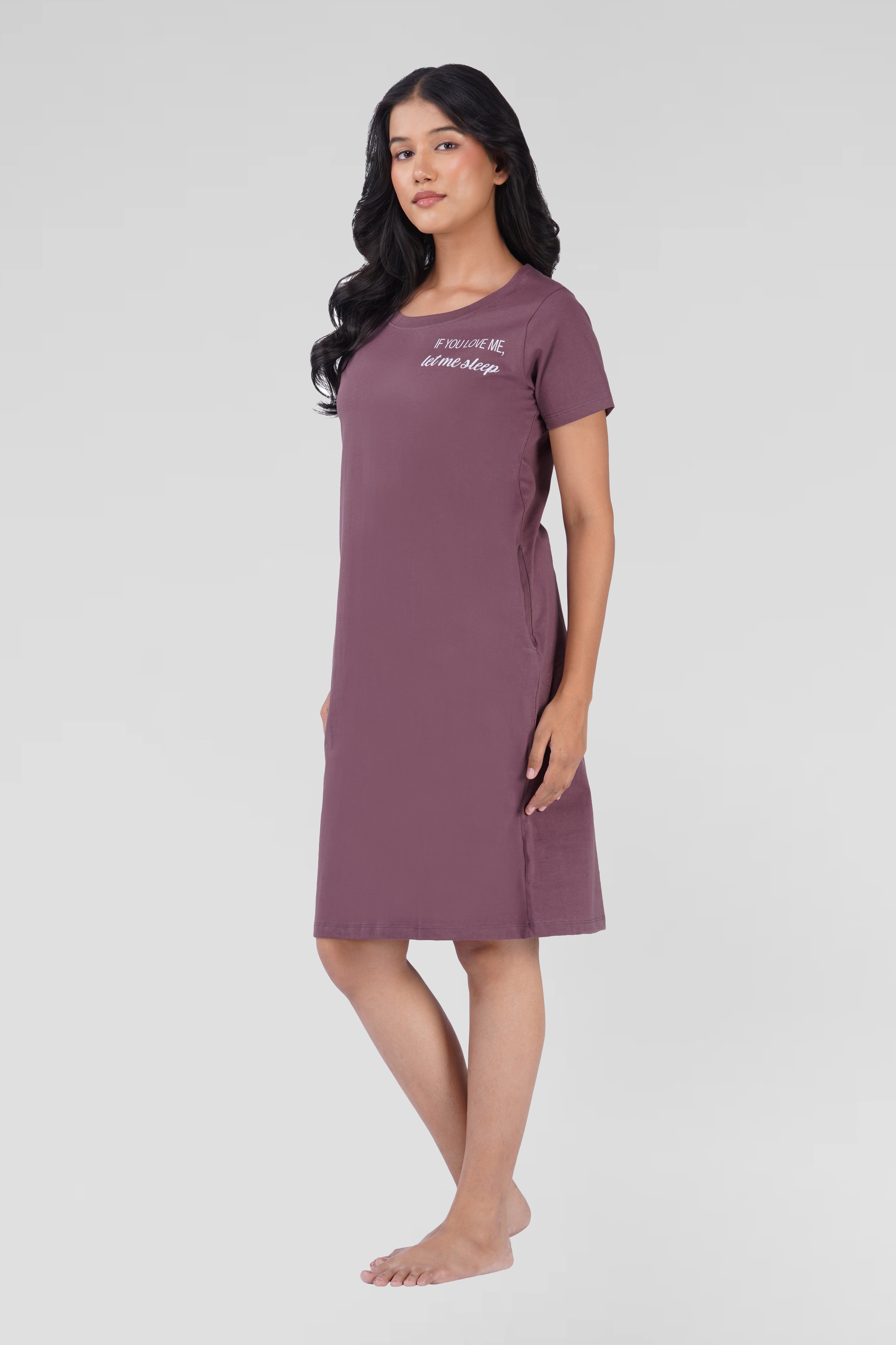 Dusty Grape Cotton Printed T-Shirt Nightdress