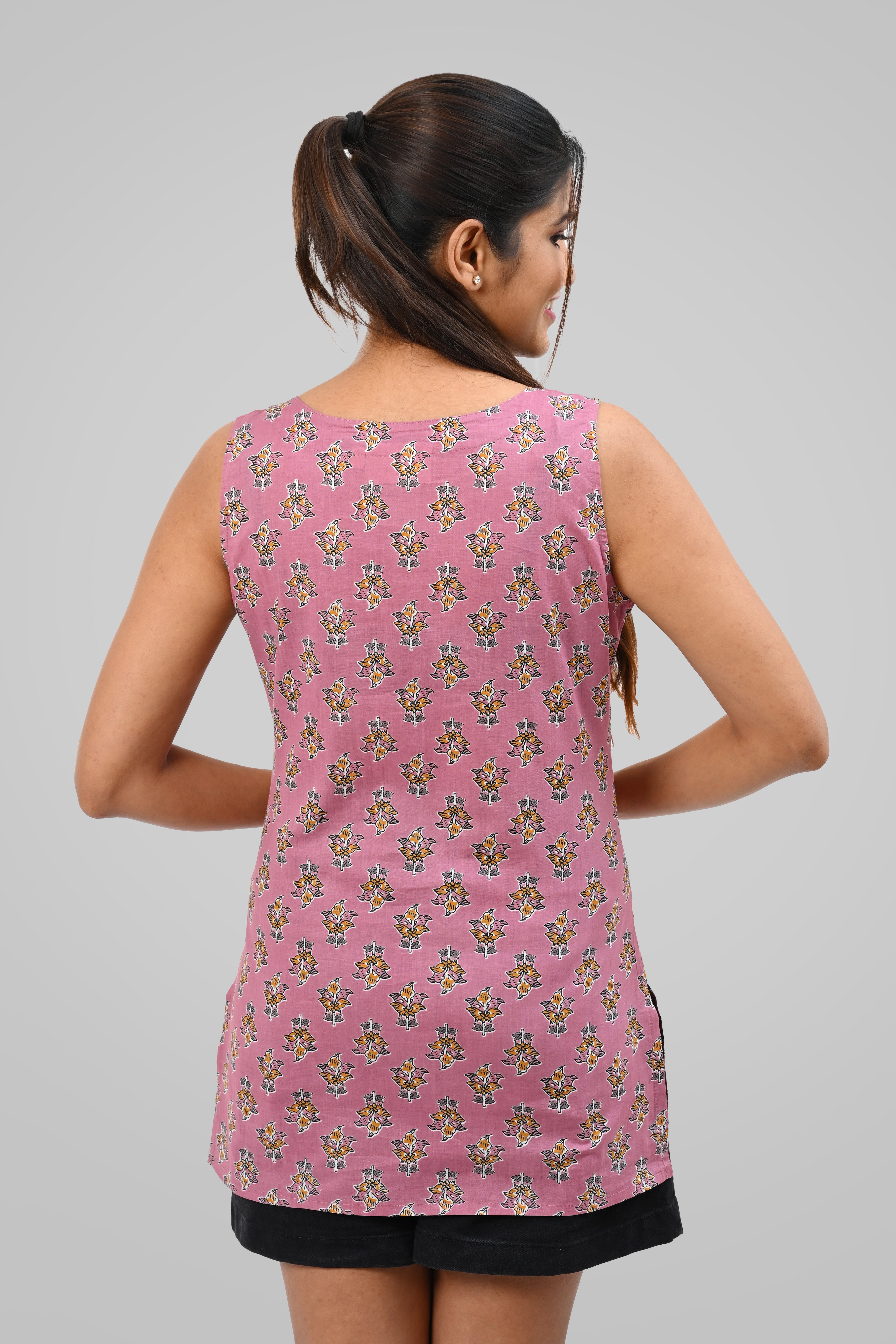 Dusty Lavender Cotton Printed Sleeveless Kurti