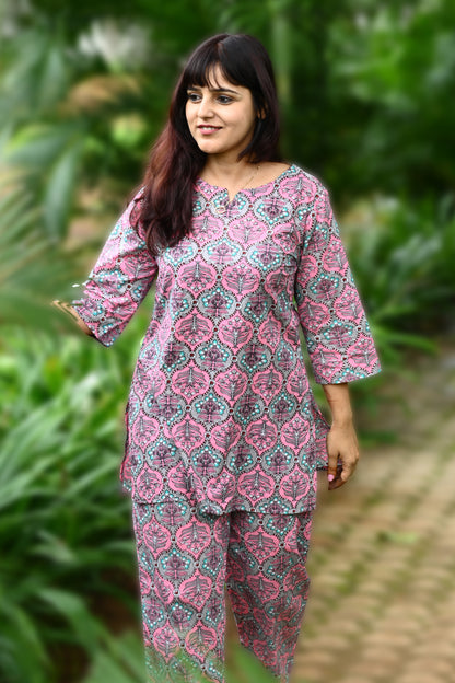 Dusty Pink Cotton Printed Pyjama Set