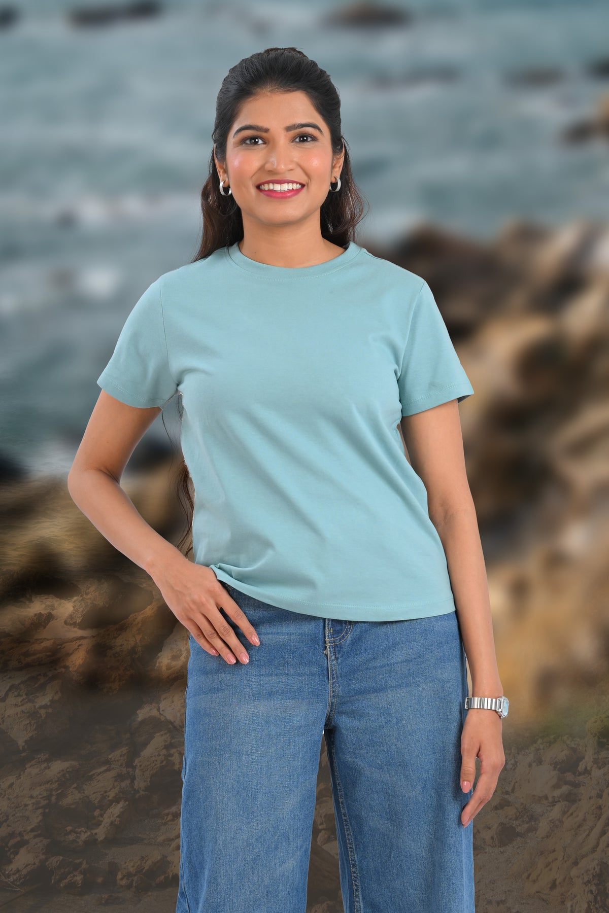 Dusty Teal Cotton Crew Neck T-Shirt