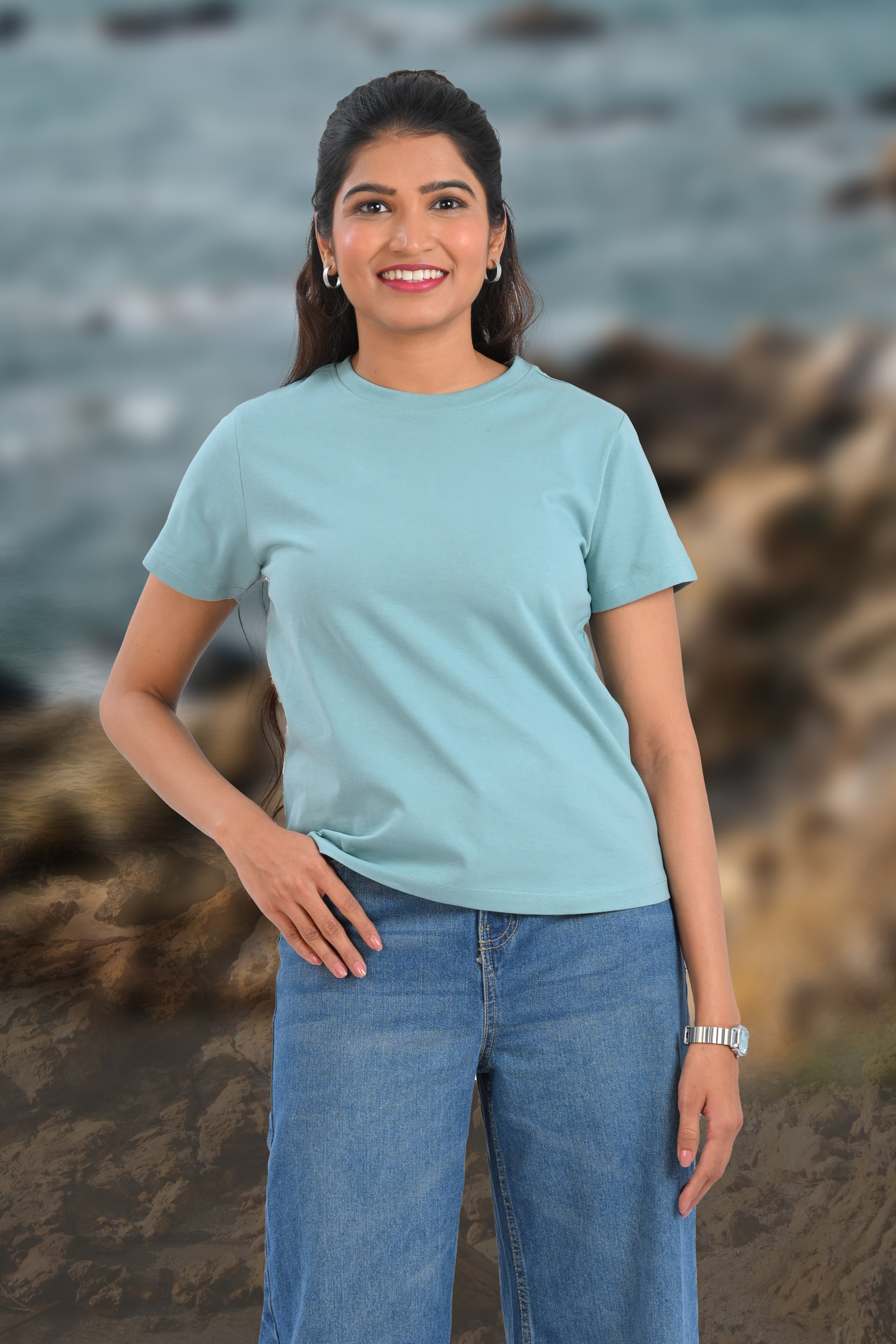 Dusty Teal Cotton Crew Neck T-Shirt