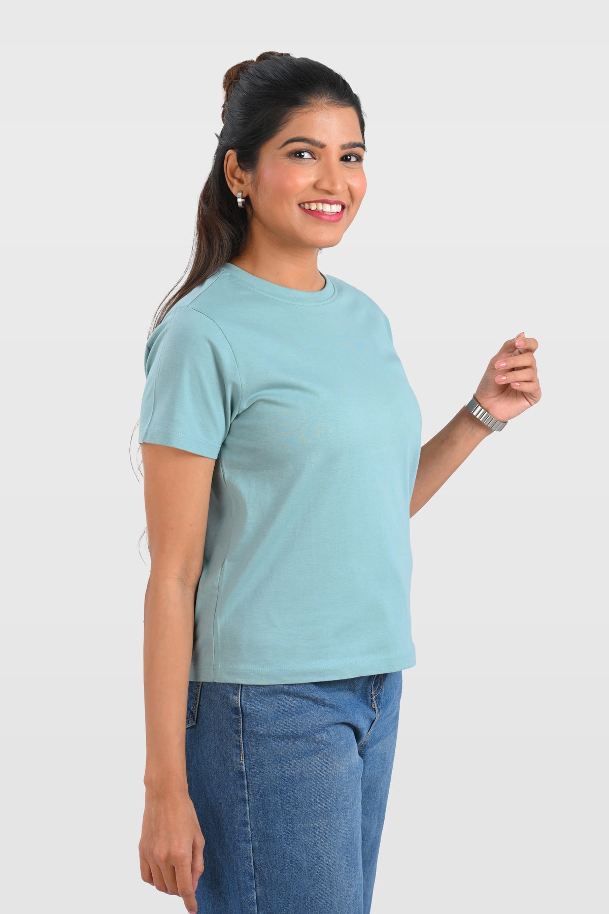 Dusty Teal Cotton Crew Neck T-Shirt