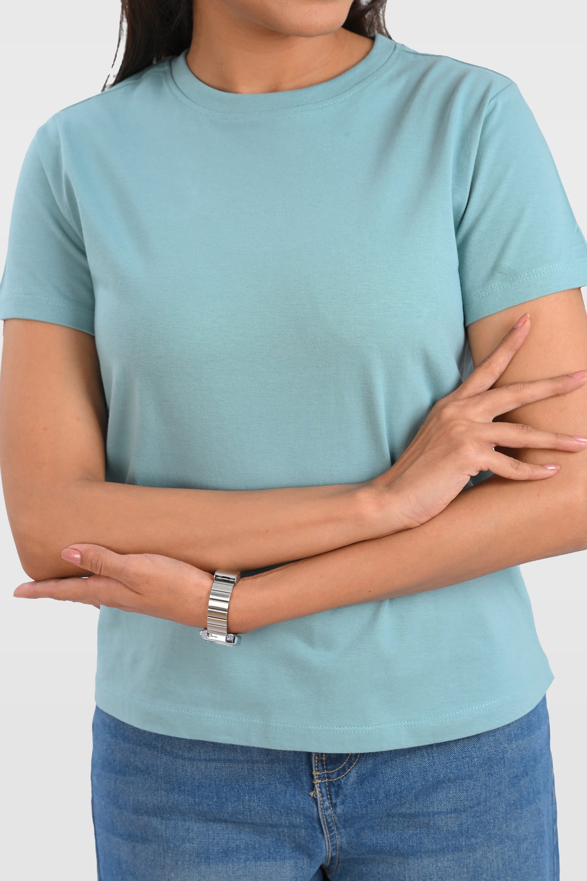 Dusty Teal Cotton Crew Neck T-Shirt