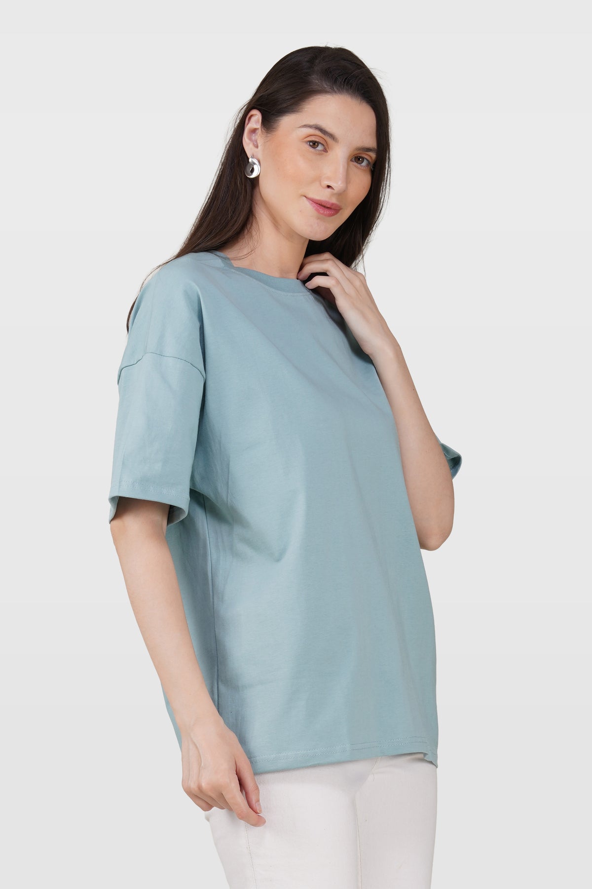 Dusty Teal Cotton Oversized Crew Neck T-Shirt