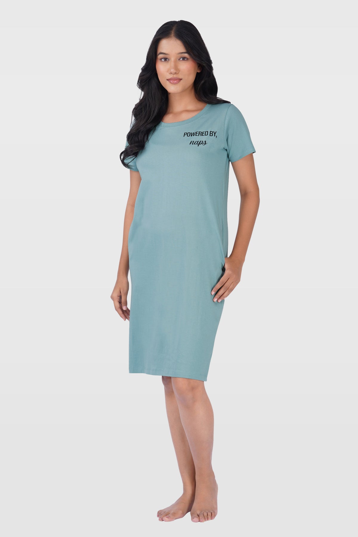 Dusty Teal Cotton Printed T-Shirt Nightdress