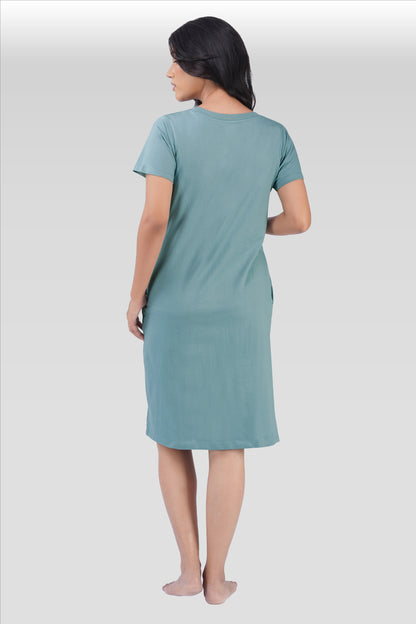 Dusty Teal Cotton Printed T-Shirt Nightdress