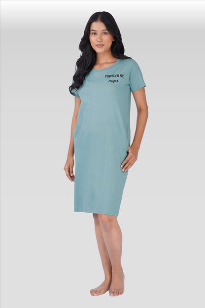 Dusty Teal Cotton Printed T-Shirt Nightdress
