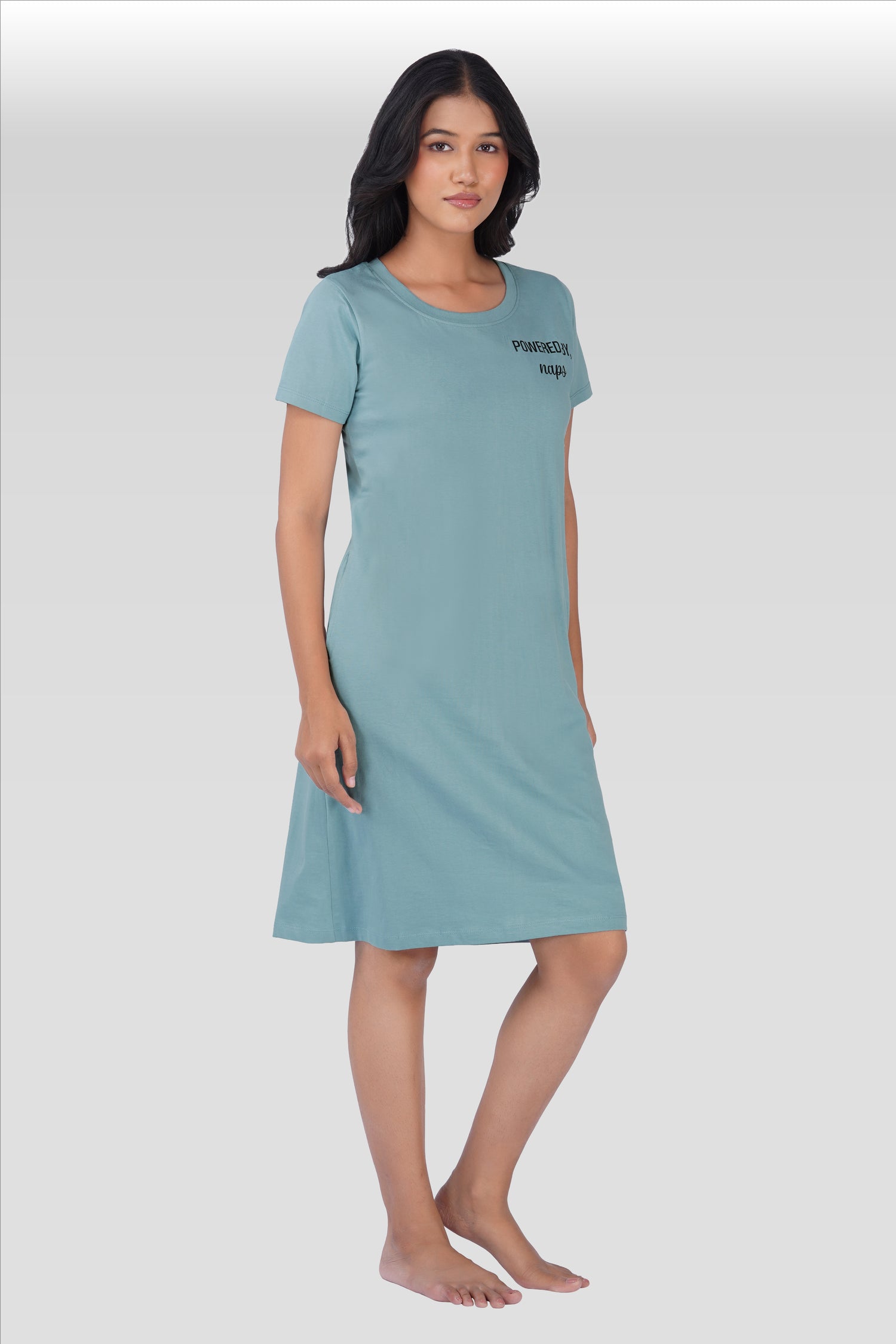 Dusty Teal Cotton Printed T-Shirt Nightdress