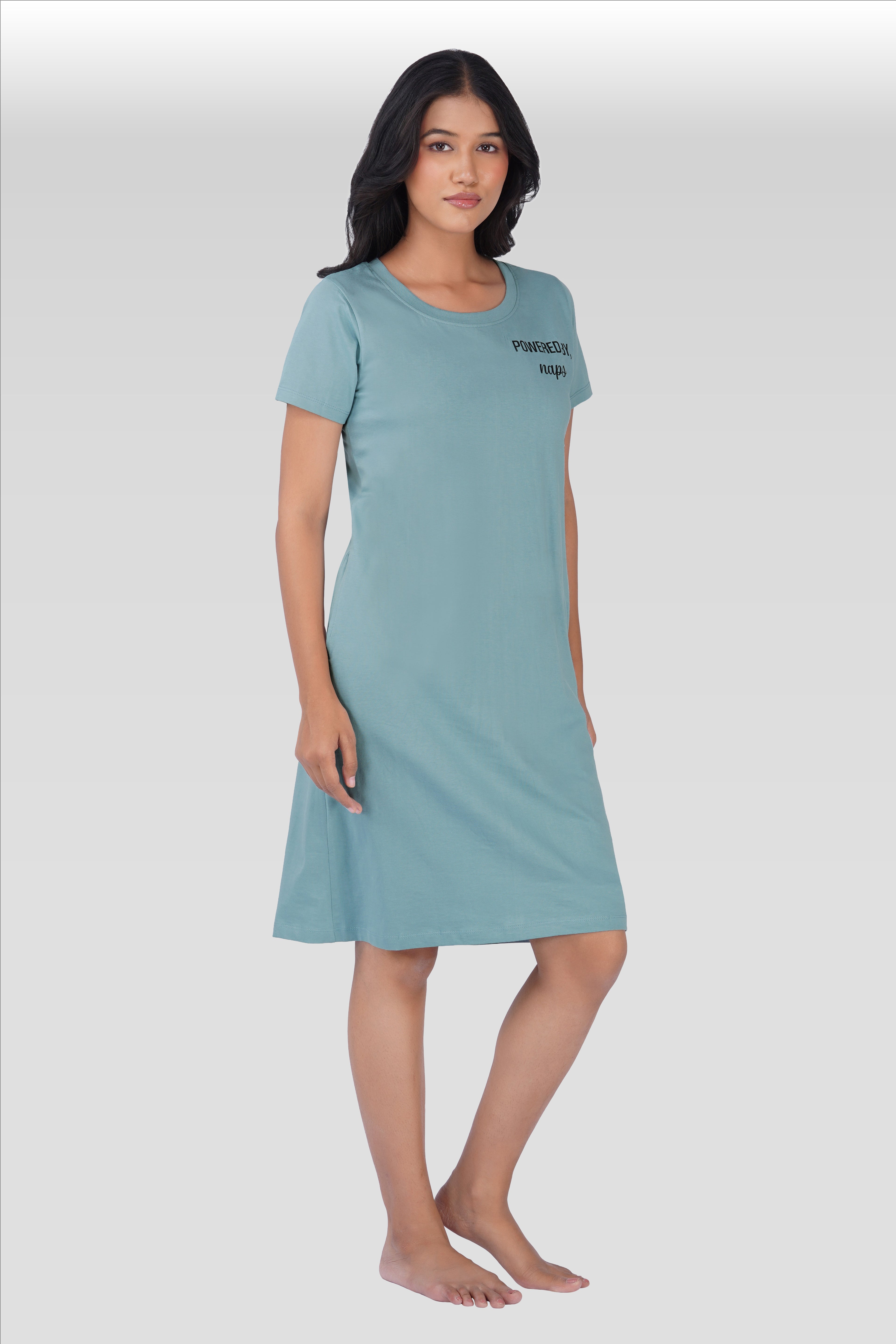 Dusty Teal Cotton Printed T-Shirt Nightdress