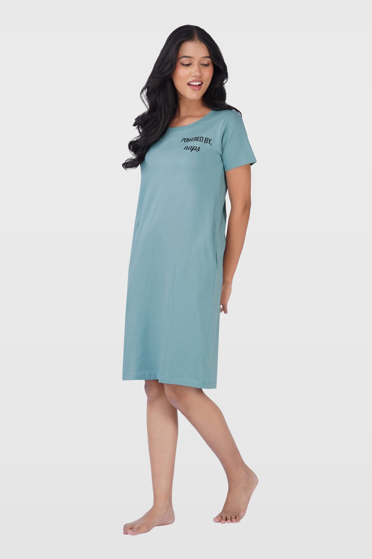 Dusty Teal Cotton Printed T-Shirt Nightdress