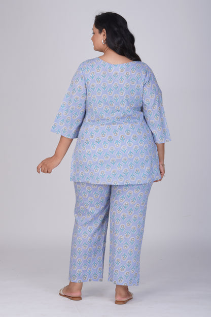 Echo Blue Plus Size Cotton Printed Pyjama Set