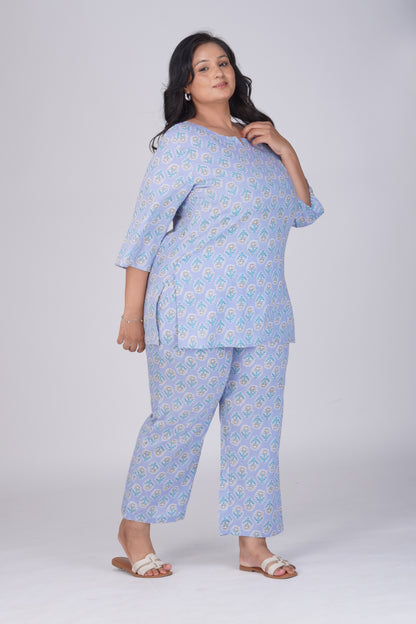 Echo Blue Plus Size Cotton Printed Pyjama Set