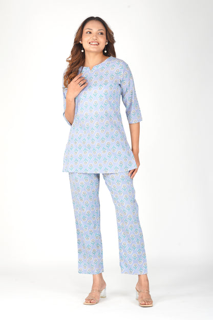 Echo Blue Cotton Printed Pyjama Set