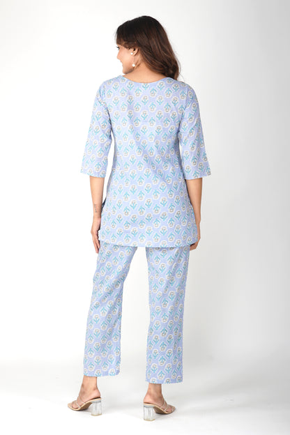 Echo Blue Cotton Printed Pyjama Set