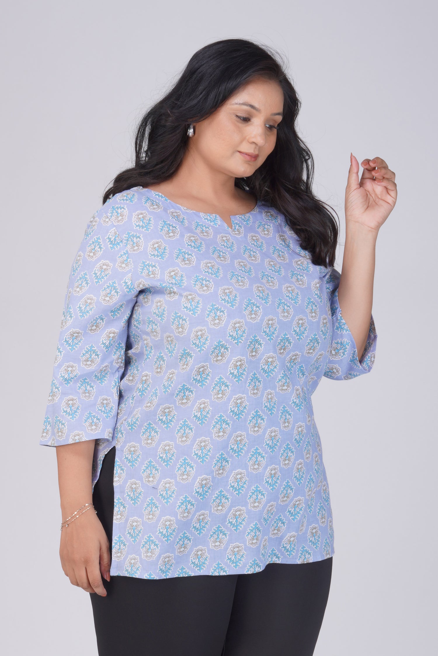 Echo Blue Plus Size Cotton Printed Kurti