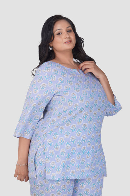 Echo Blue Plus Size Cotton Printed Pyjama Set