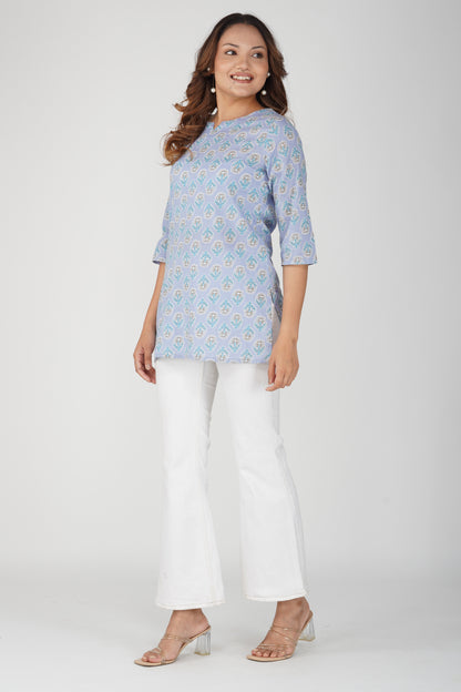 Echo Blue Cotton Printed Kurti