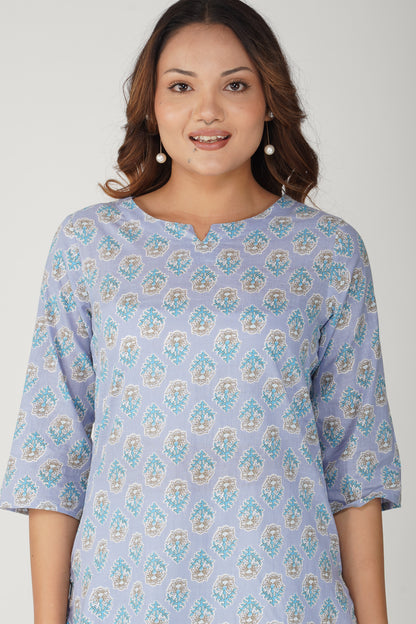Echo Blue Cotton Printed Kurti