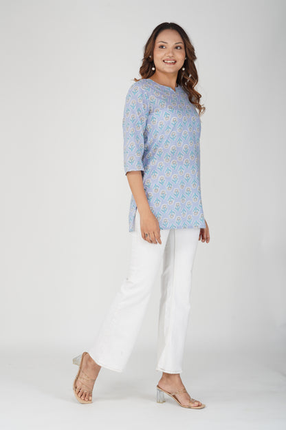Echo Blue Cotton Printed Kurti