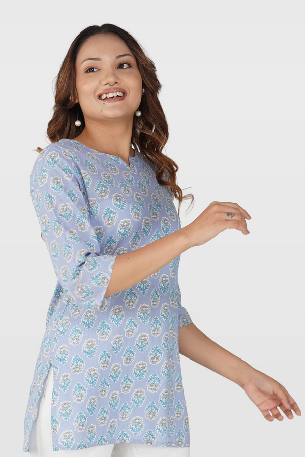 Echo Blue Cotton Printed Kurti