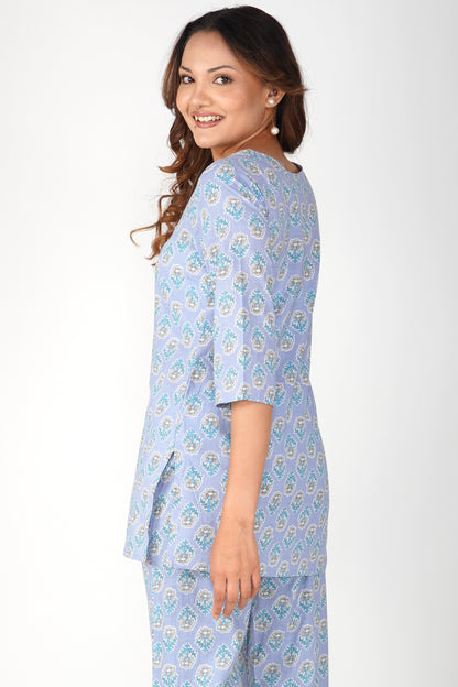 Echo Blue Cotton Printed Pyjama Set