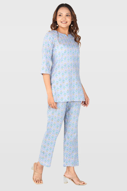 Echo Blue Cotton Printed Pyjama Set