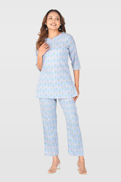 Echo Blue Cotton Printed Pyjama Set