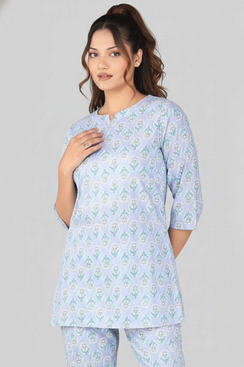 Echo Blue Cotton Printed Pyjama Set