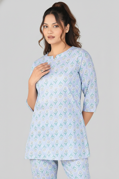 Echo Blue Cotton Printed Pyjama Set