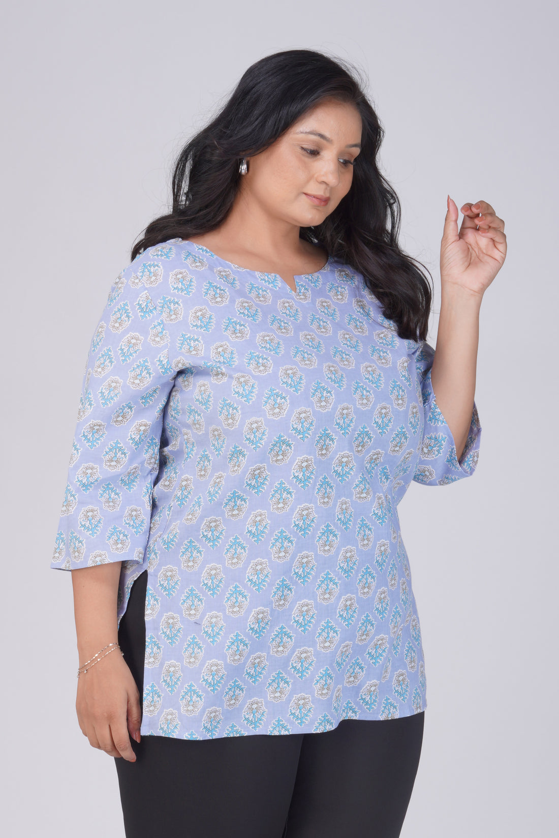 Echo Blue Plus Size Cotton Printed Kurti