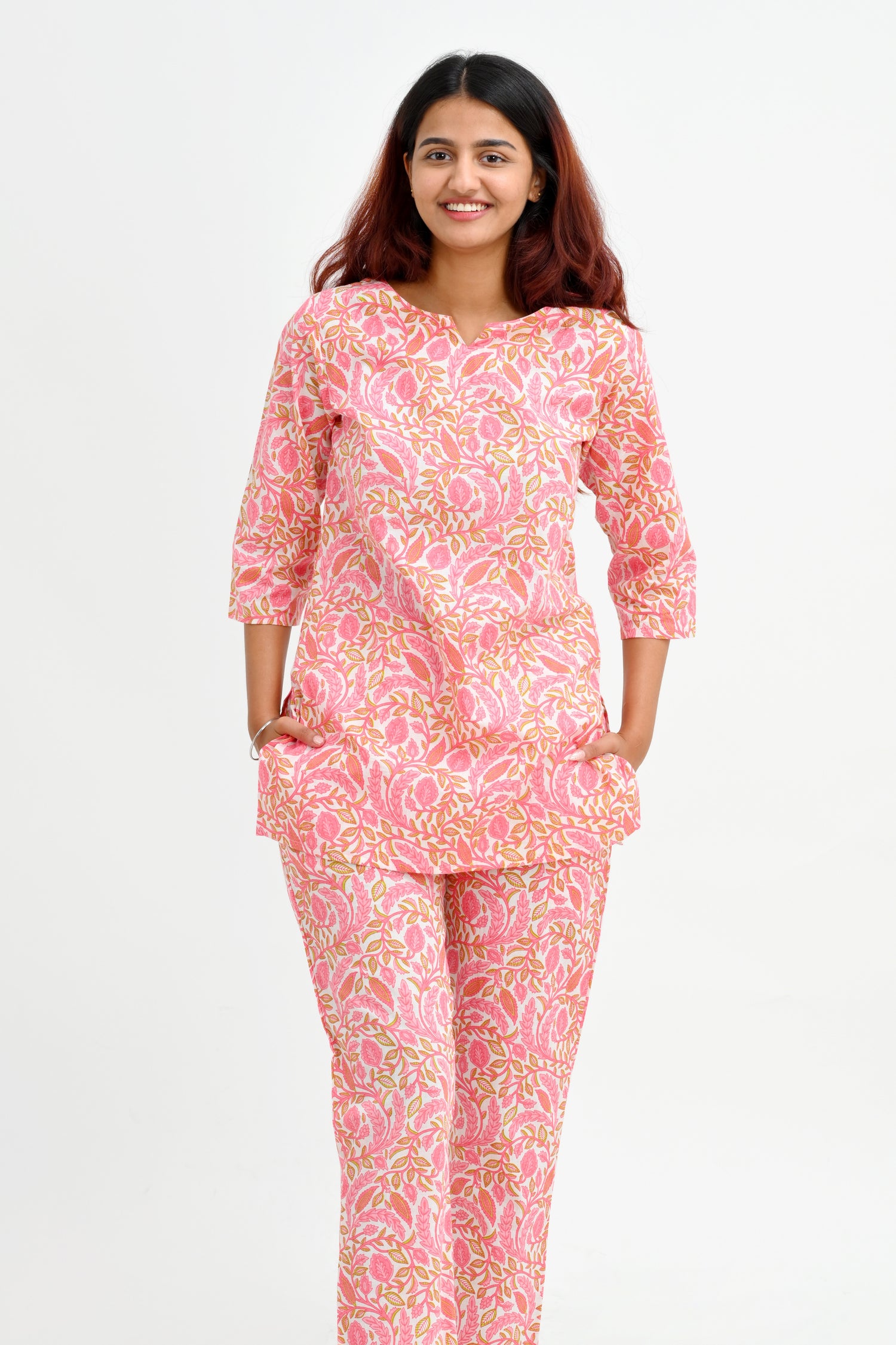 Flamingo Pink Cotton Printed Pyjama Set
