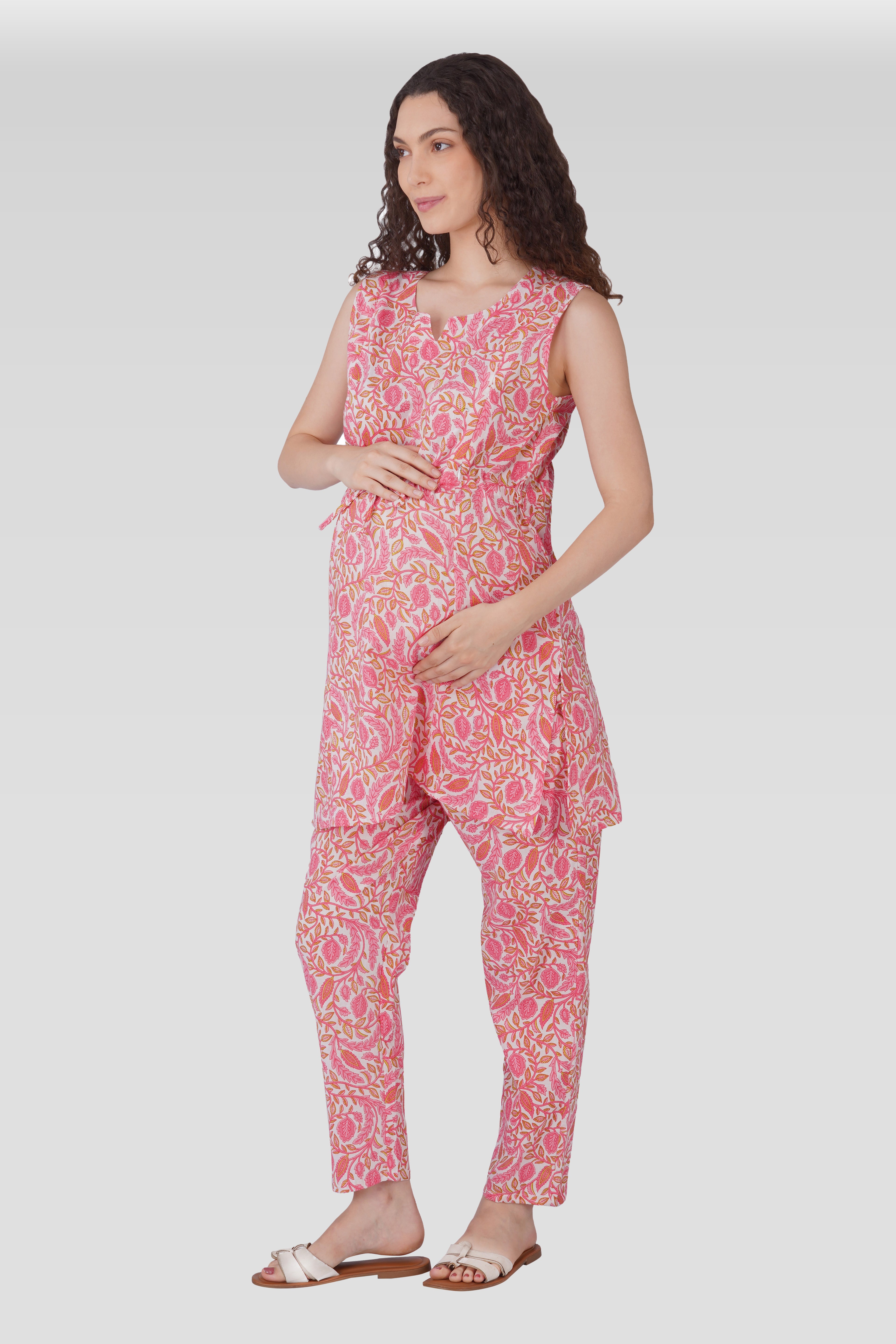 Flamingo Pink Cotton Printed Maternity and Feeding Kurta Set