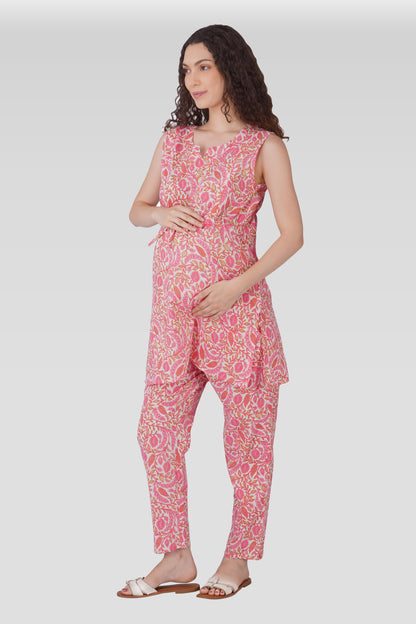 Flamingo Pink Cotton Printed Maternity and Feeding Kurta Set