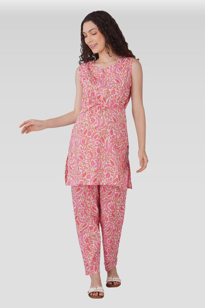 Flamingo Pink Cotton Printed Maternity and Feeding Kurta Set