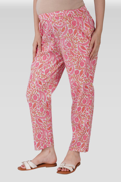 Flamingo Pink Cotton Printed Maternity and Feeding Kurta Set