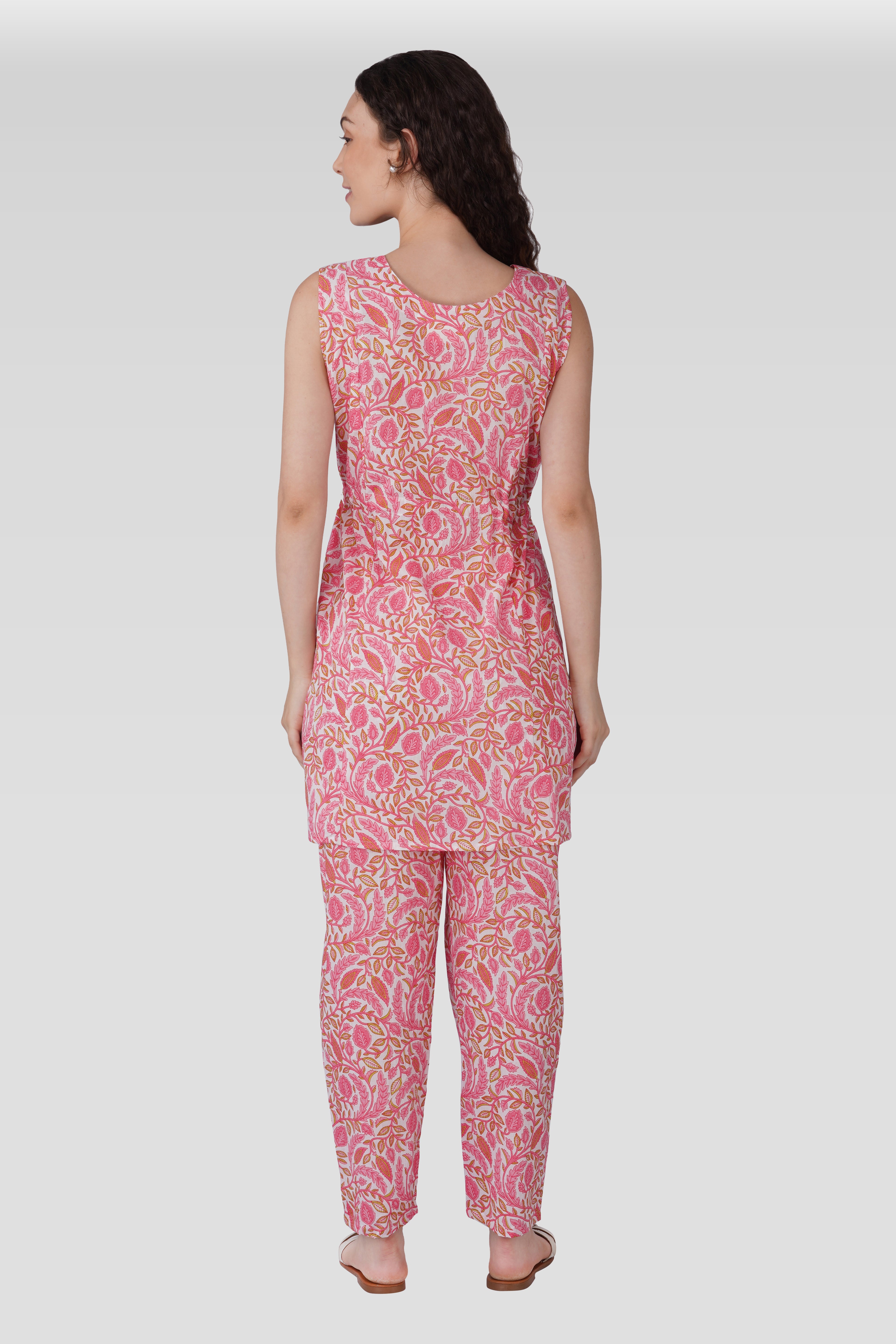 Flamingo Pink Cotton Printed Maternity and Feeding Kurta Set