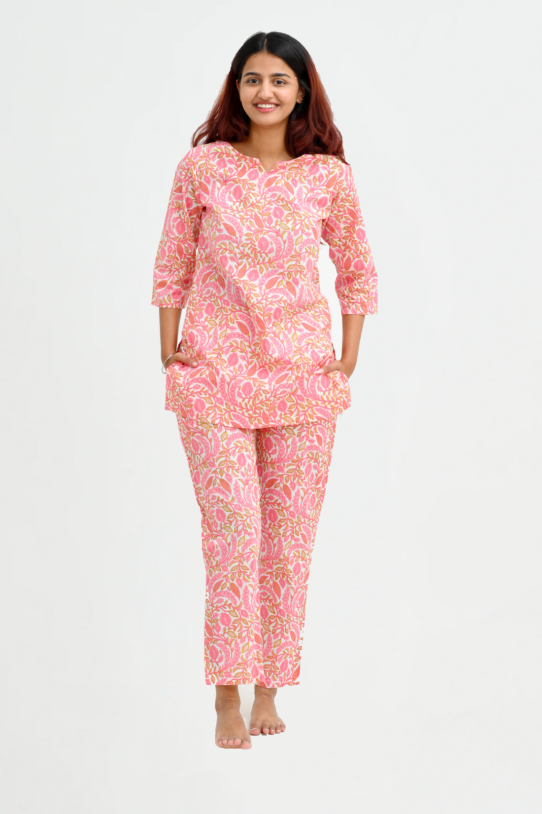 Flamingo Pink Cotton Printed Pyjama Set