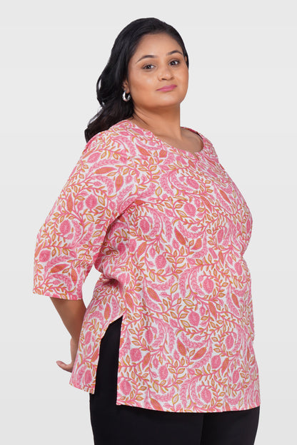 Flamingo Pink Plus Size Cotton Printed Kurti