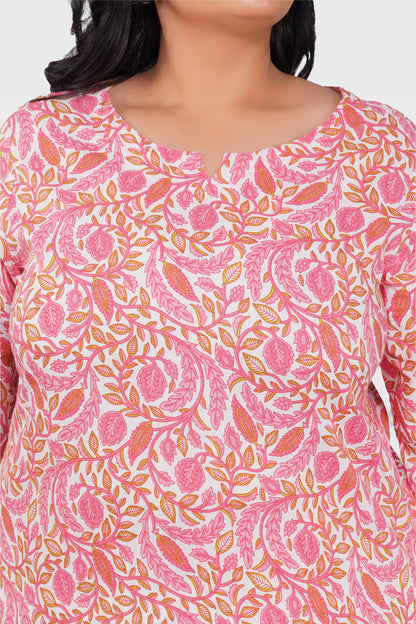 Flamingo Pink Plus Size Cotton Printed Kurti
