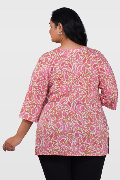 Flamingo Pink Plus Size Cotton Printed Kurti