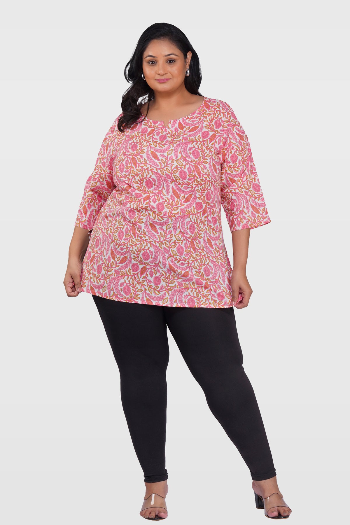 Flamingo Pink Plus Size Cotton Printed Kurti
