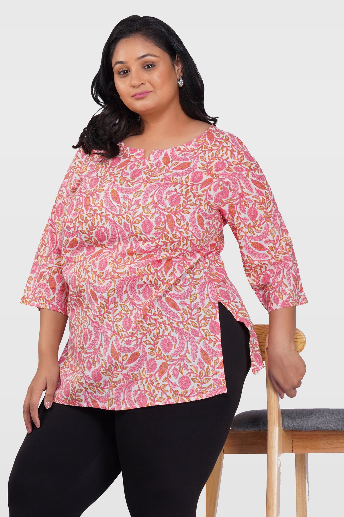 Flamingo Pink Plus Size Cotton Printed Kurti
