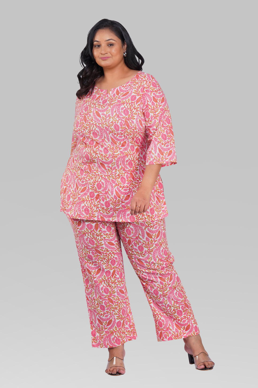 Flamingo Pink Plus Size Cotton Printed Pyjama Set