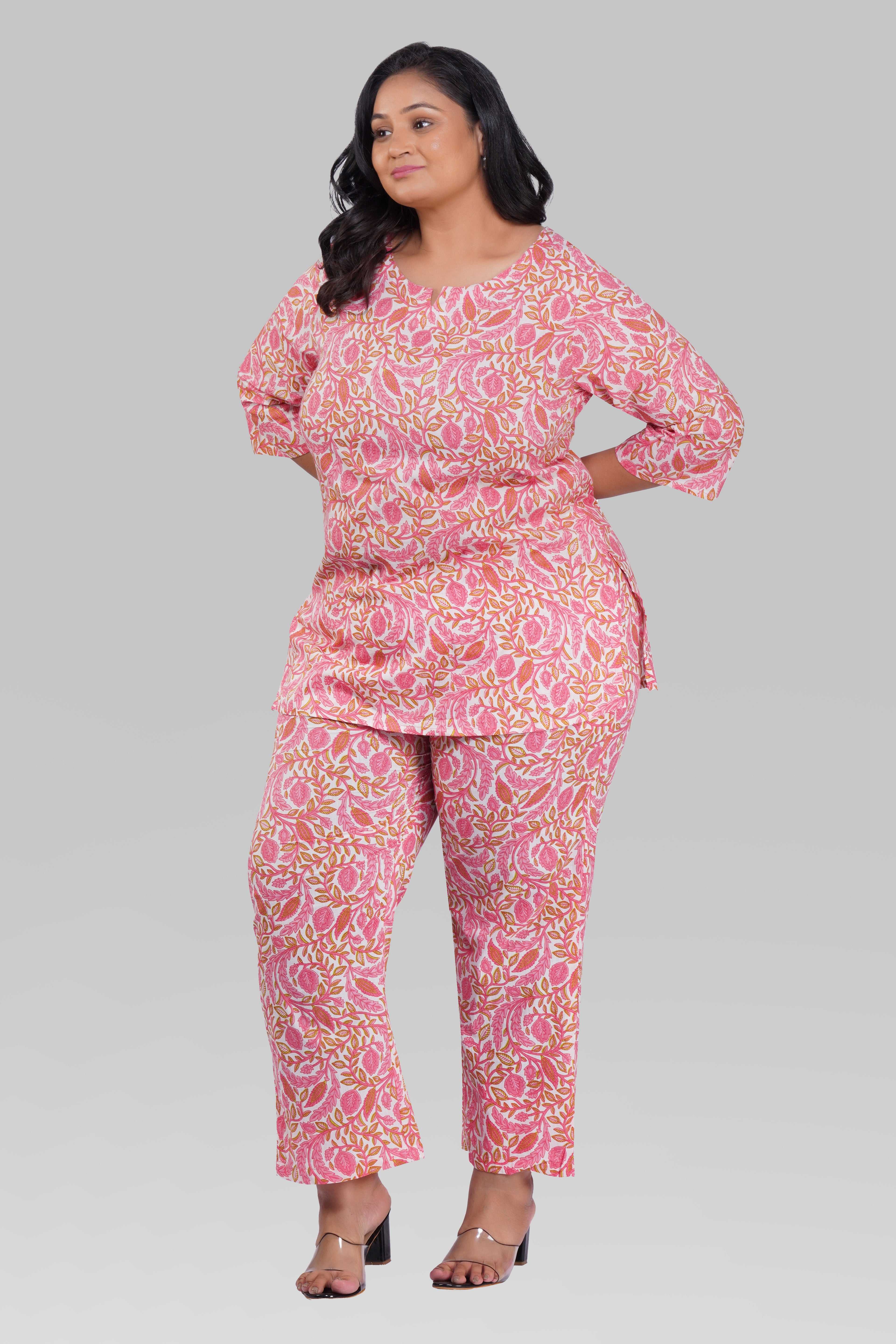 Flamingo Pink Plus Size Cotton Printed Pyjama Set